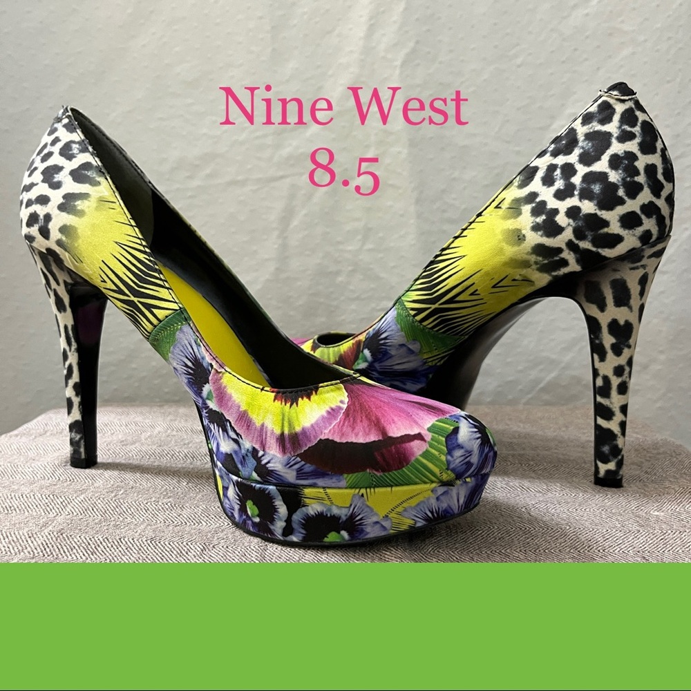 Nine West Floral Leopard Print Satin Platform Pumps 8.5